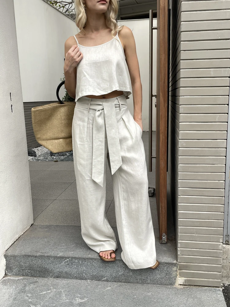 2024 Women Fashion Linen Top Pants 2 pcs Sets Summer Sets