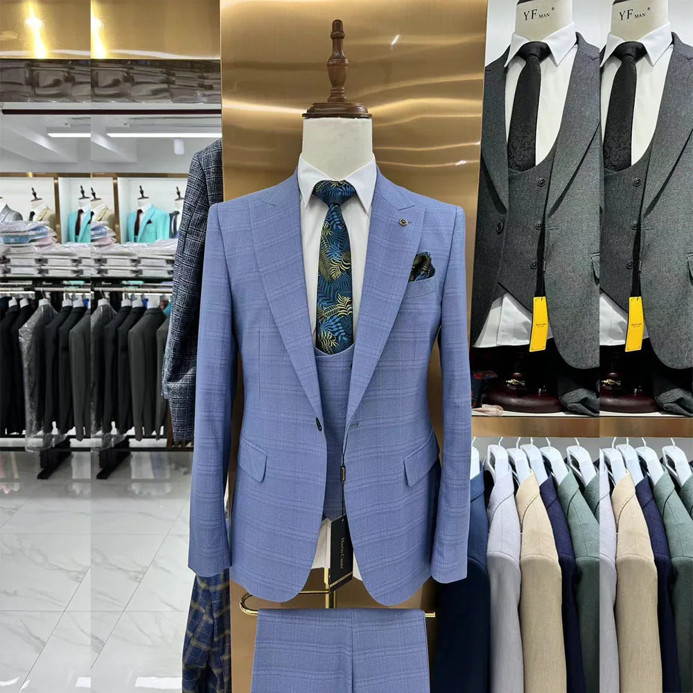 

Elegant Men's Suits for Wedding 2024 Check Pattern One Button Peak Lapel Slim Fit Costume Homme High Quality Blazer Outerwear