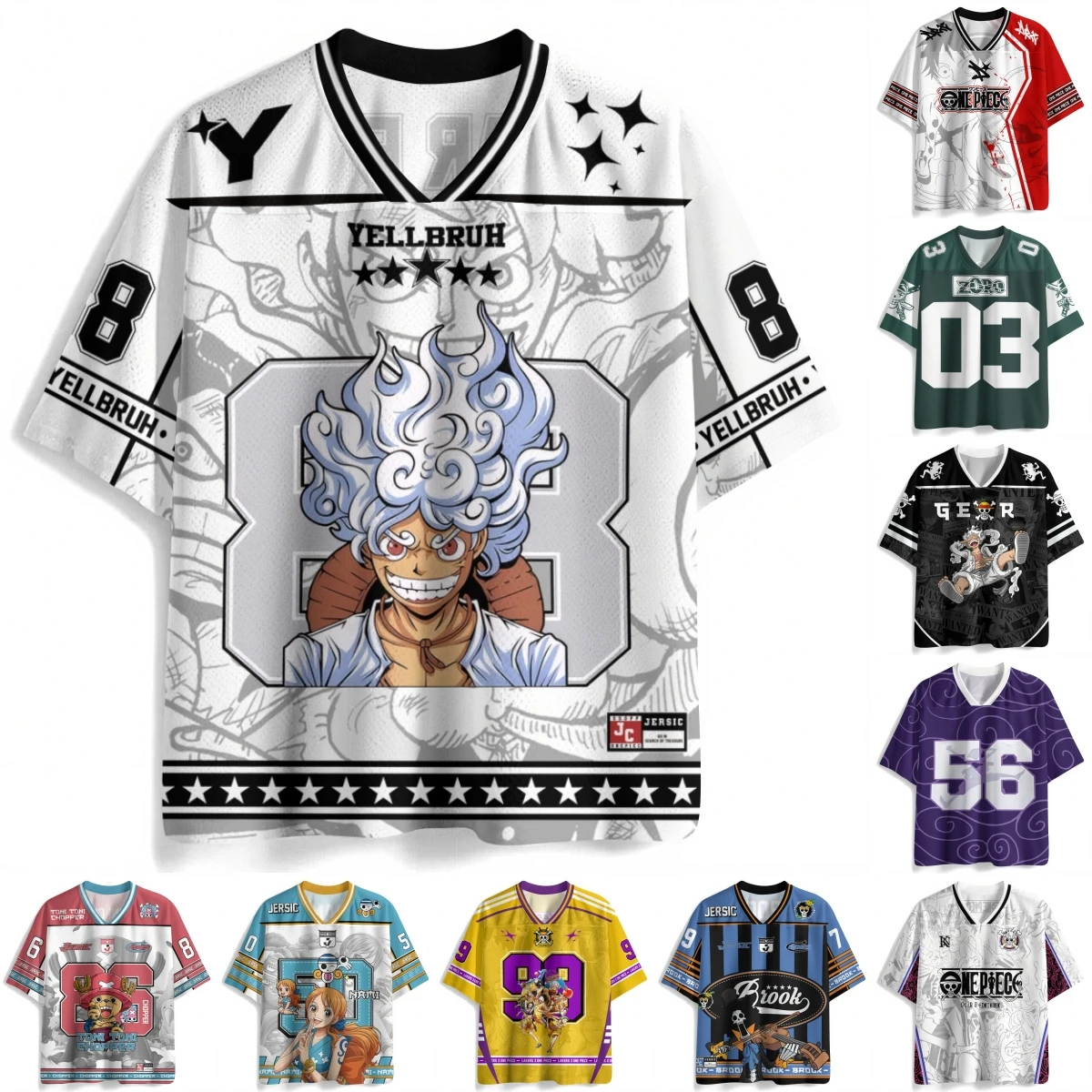 One Piece Anime Luffy Gear 5 Nika Oversize V-Neck Jersey Unisex Streetwear YELLBRUH Graphic Daily Casual Outfit T-shirt for Fans
