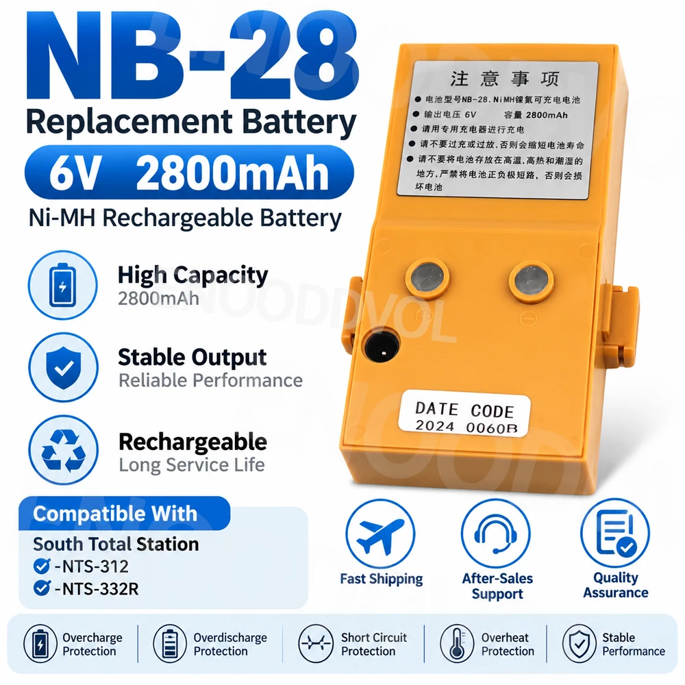 6V 2800mAh NB28 Battery NB-28 Rechargeable Battery for South NTS-302 NTS-312 NTS-332R Total Station Surveying Equipment