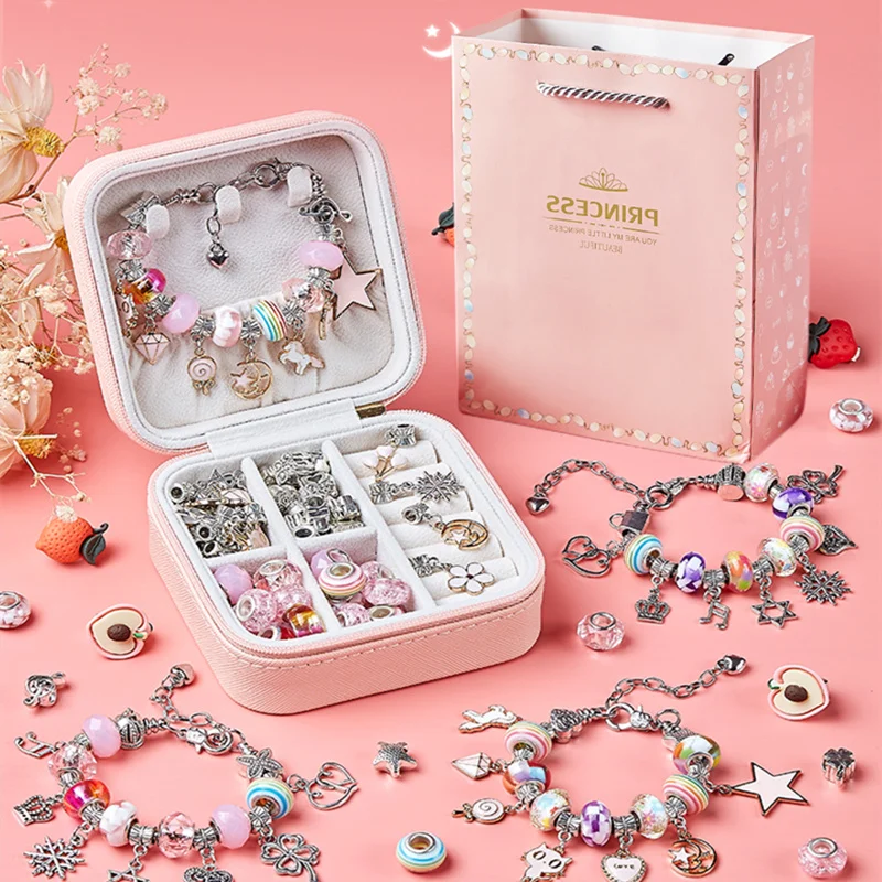 Storage Set di braccialetti di perline fai da te con scatola per regalo per ragazze perline acriliche con foro grande Kit per la creazione di gioielli fatti a mano giochi di imitazione