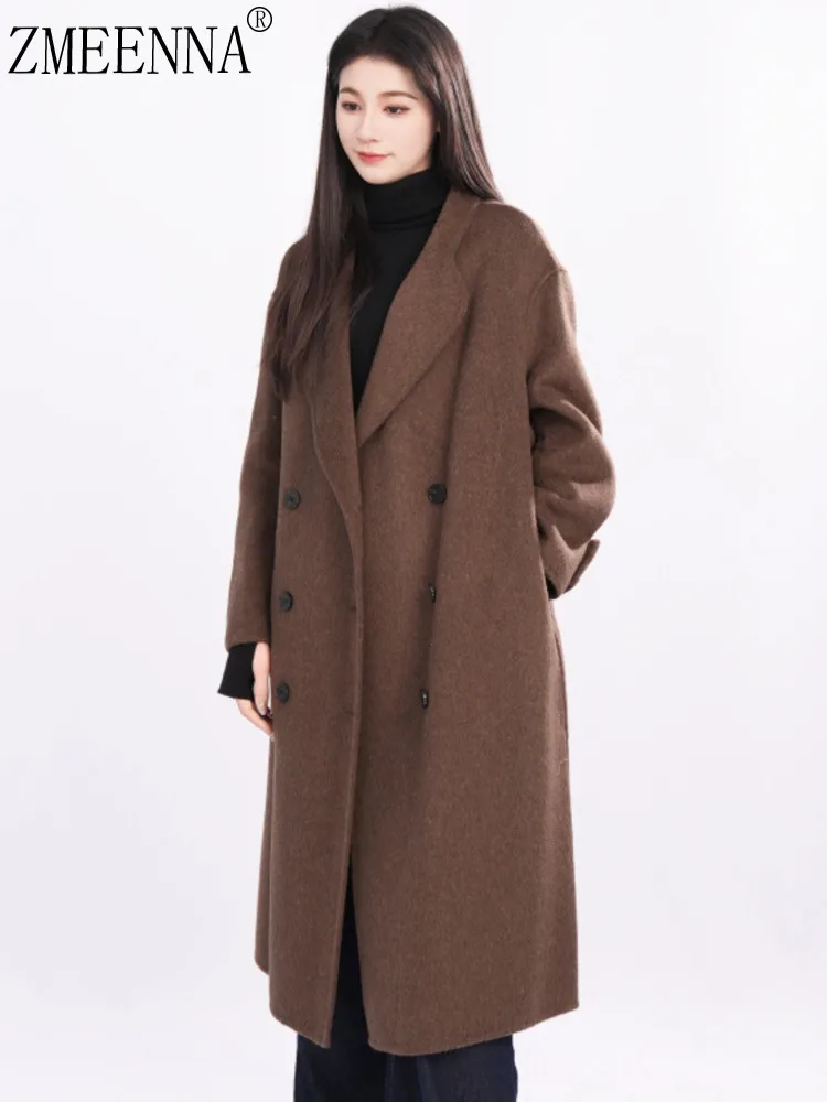 

ZMEENNA Classic Women's Brown Wool Blend Double Breasted Long Coat With Lapel Collar Warm Winter Outerwear Casual Style ZM3504