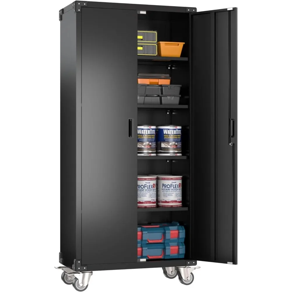 

Garage Storage Cabinet with Wheels,72" H Metal Storage Cabinet with 2 Doors and 4 Adjustable Shelves for Garage Home, Black,Req