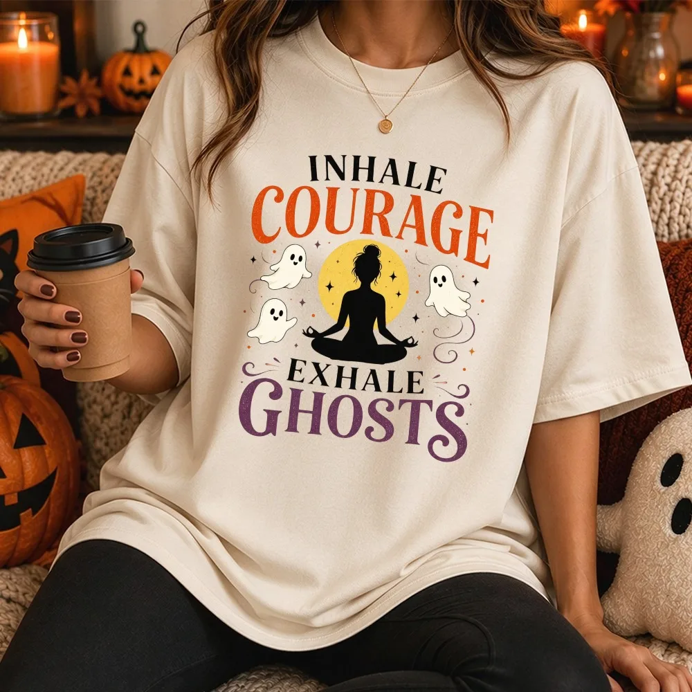 Inhale Courage Exhale Ghosts Yoga Meditation Tshirt Funny Halloween Graphic Unisex Cotton T Shirt Casual Meditation Lover Tops