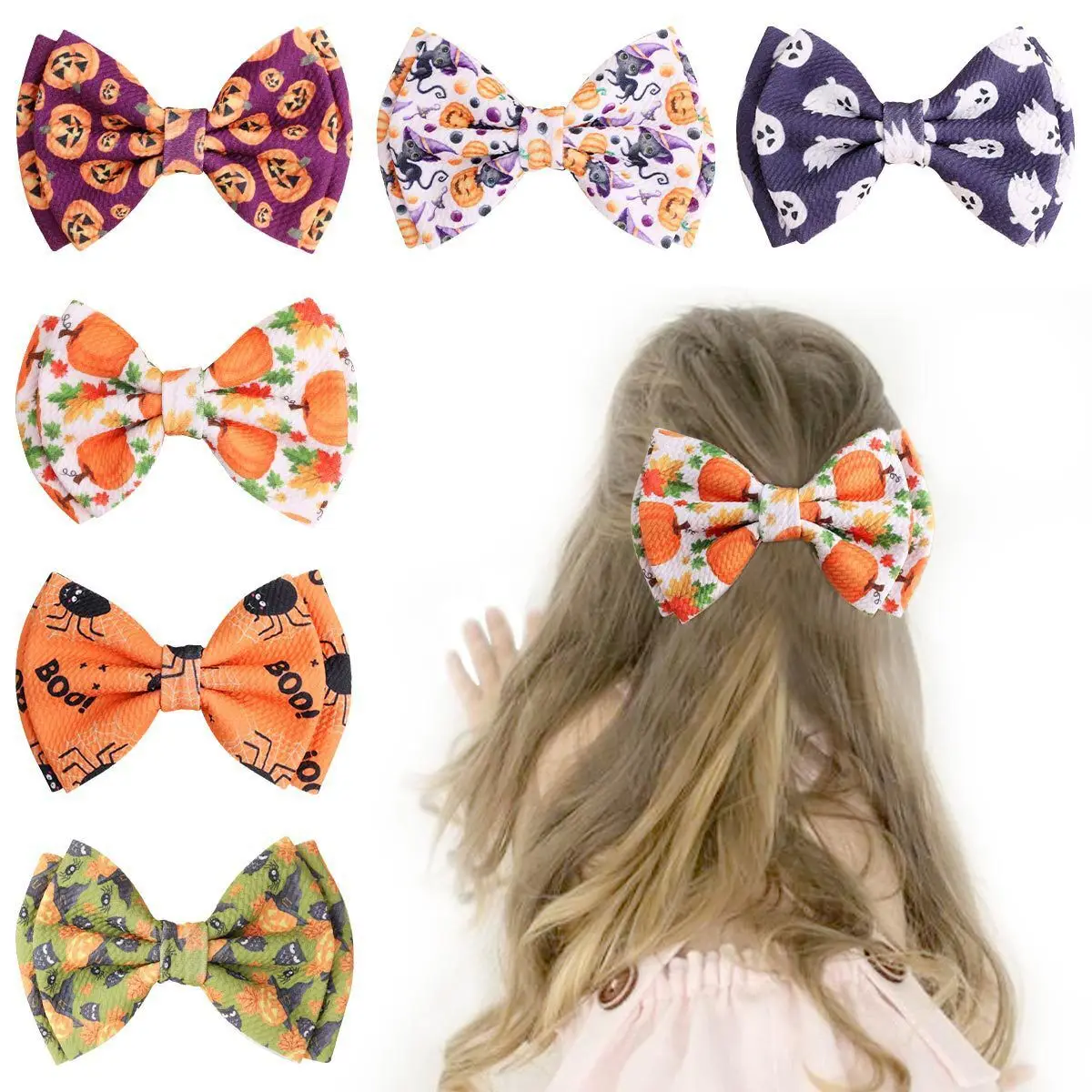 

24pc/lot 6" Double Layer Bows Baby Hair Clips Pumpkin Skeleton Skull Printed Hairpins Barrettes for Kid Girls Halloween Headwear