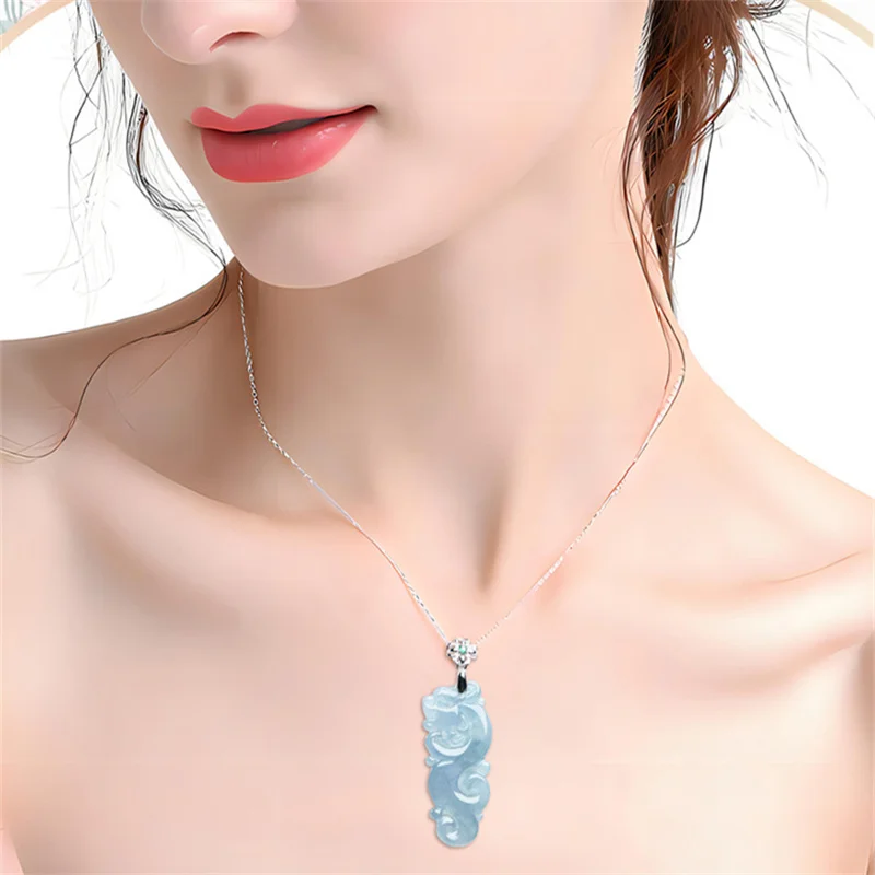 Jia Le/ Natural Jade Blue Water Imitation Ancient Zodiac Dragon Necklace Pendant Fashionable Personalized Men Women Couples Gift