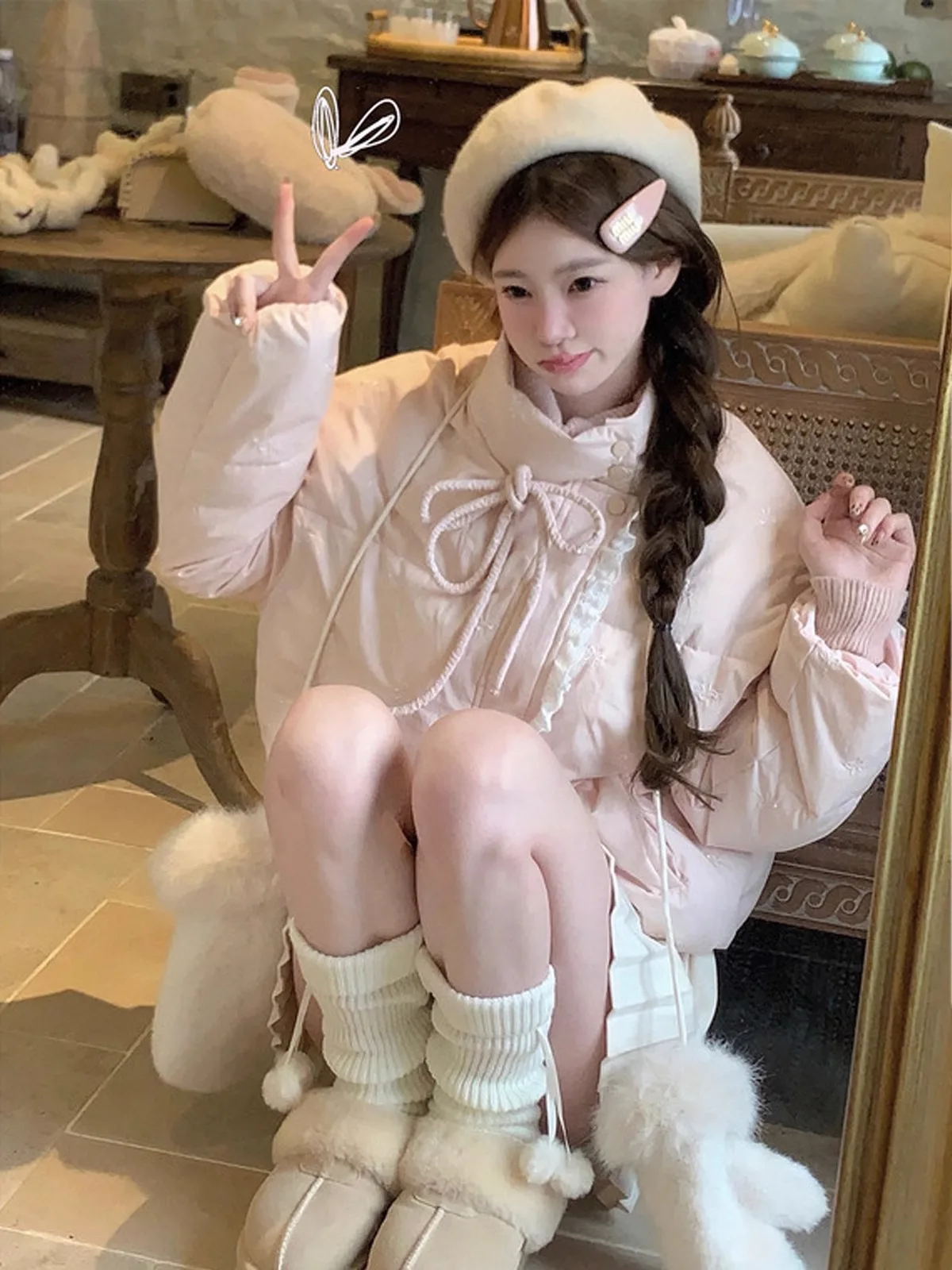 

Новая женская хлопковая куртка в корейском стиле с рюшами и пэчворком, осенне-зимняя, маленького размера, розовая, с бантом-завязкой