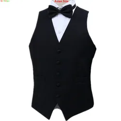 2026 New Men's Black Vest, Host Emcee Stage Performance White Waistcoat, Party/Chorus Tops Vests, Asian Size(Attached Bow Tie)