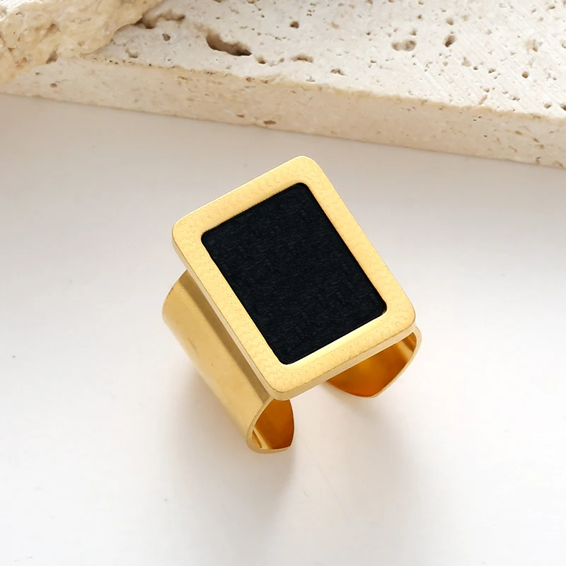

Vintage Rings Black Square Wide Open Adjustable Ring Bohemian Gold Stainless Steel Rings for Women Korean Jewelry Trend 2024