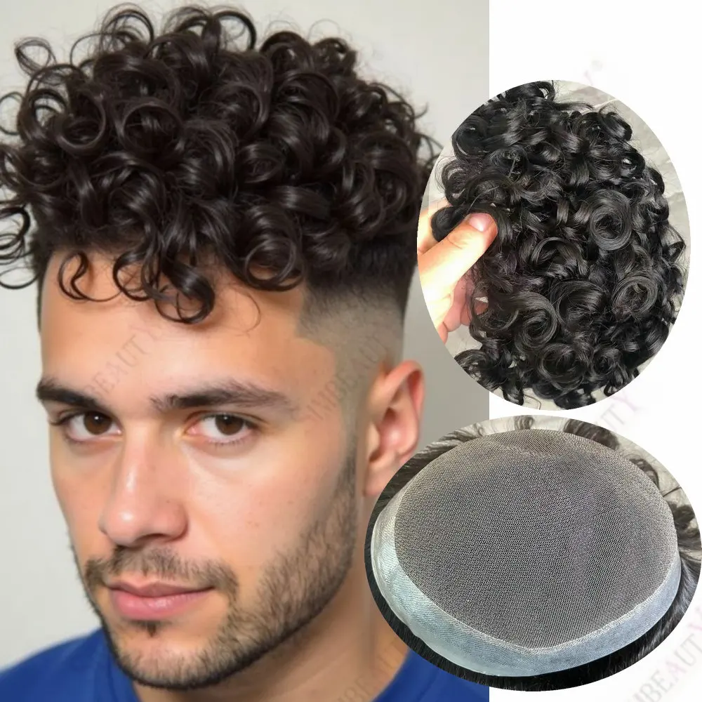 

20/24 мм вьющаяся кожа PU парик Мужские парики из натуральных волос для мужчин 100% человеческие волосы Remy Hairpiece System Высококачественные мужские парики