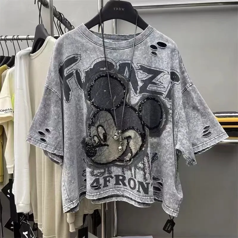 

Plus Size 200-300LBS Women's Summer T-Shirt - Cartoon Loose Crew Neck Trendy Age-Reducing Figure-Flattering Casual Cute Top