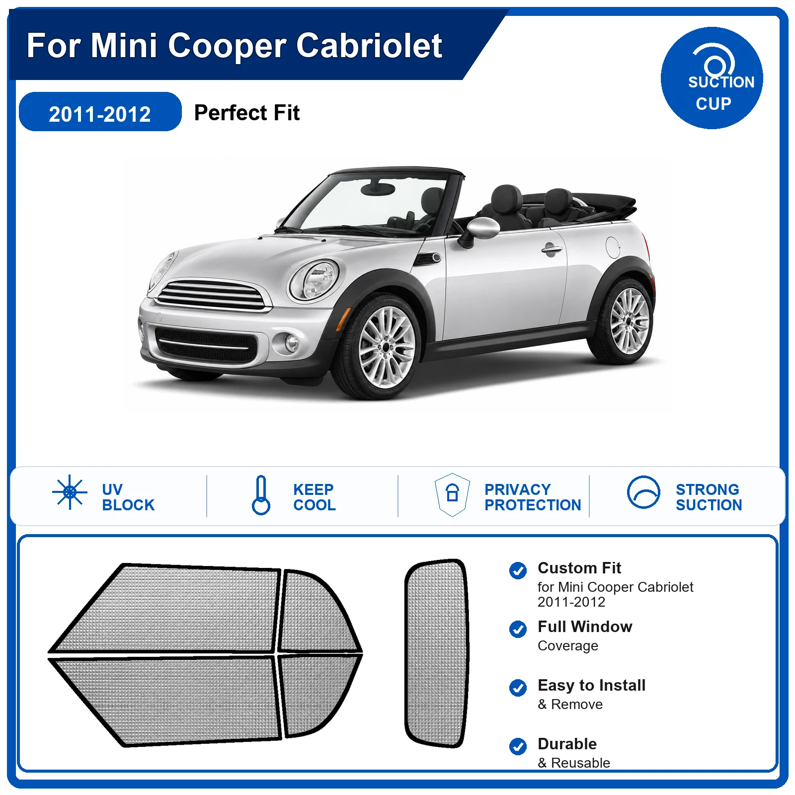 For Mini Cooper Cabriolet 2011-2012 Custom Full Set Windshield Sun Shade Aluminum Foil Heat Insulation Anti UV Foldable