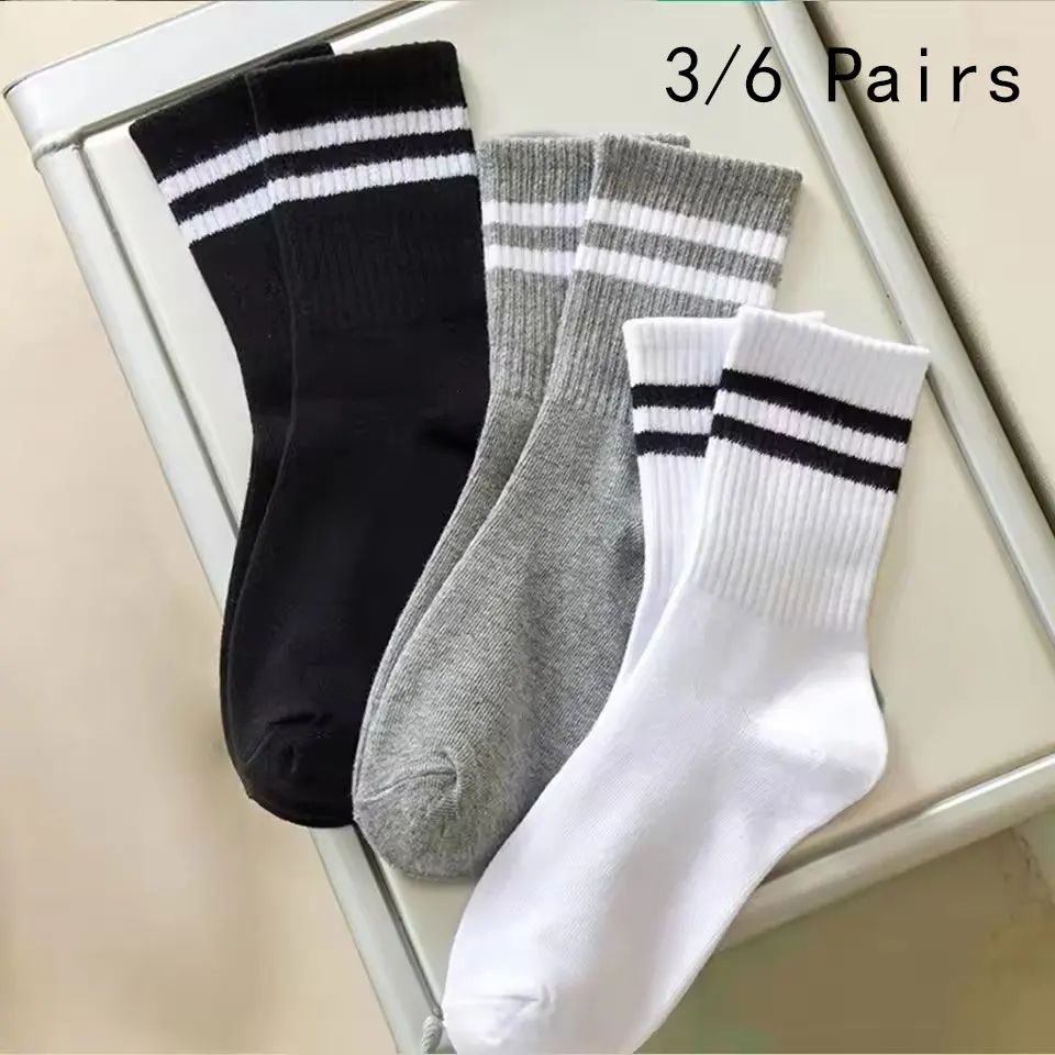 3/6 Pairs Women Mid Tube Socks Fashion Breathable Sports Socks Classic Parallel Bar Pattern Sweat Wicking Non Pilling Girl Socks