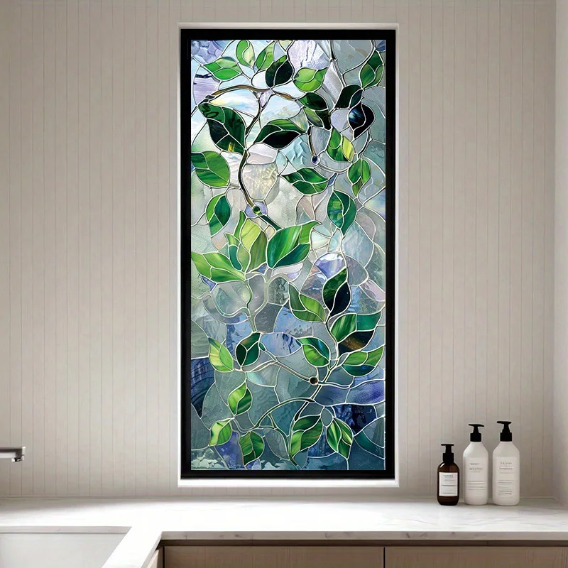 Ventana De Vidrio Verde Hoja Bosque Retro Europeo Easy To Remove Static Sticker - PVC Stickers for Living Room and Bathroom Door