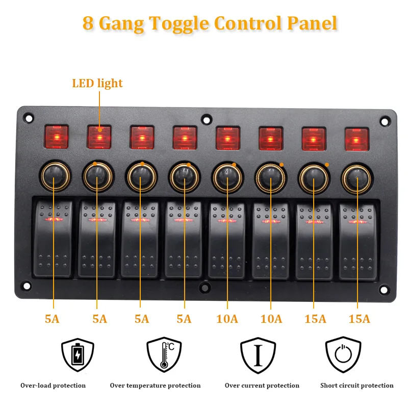 Waterproof 12V 24V Rocker Switch Panel 6 and 8 Gang Mount Electrical Control Switch for Car Boat Marine-Push Button Toggle
