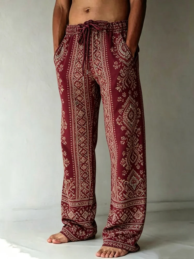 Mens Burgundy Ethnic Paisley Striped Print Drawstring Waist Straight Floor Length Loose Casual Sweatpants