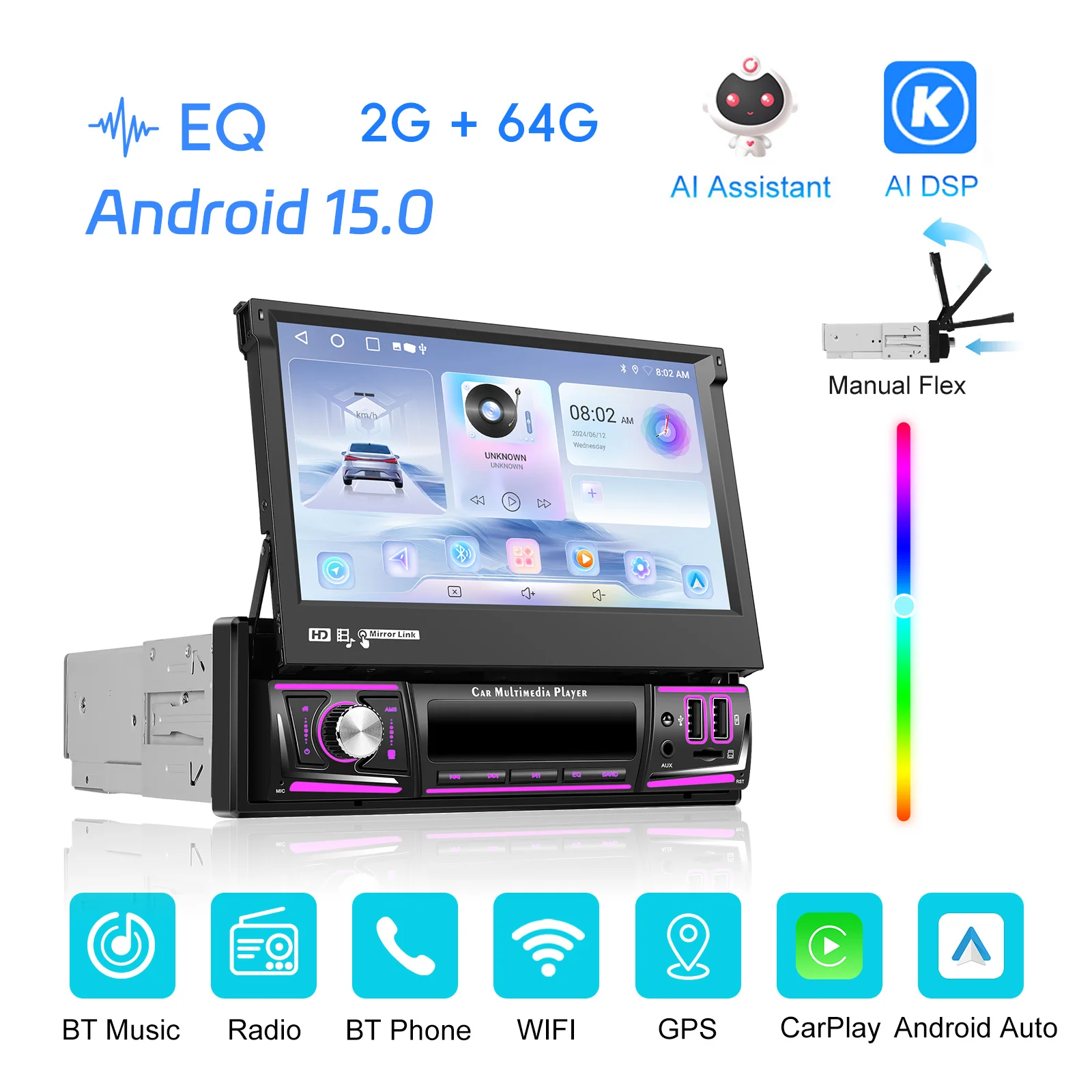 Podofo 2+64G Intelligentes Autosystem 1 Din Kabelloses Carplay Android Auto 7'' Auto-Multimediaplayer mit WLAN GPS Rückfahrkamera-Unterstützung – Detail 1