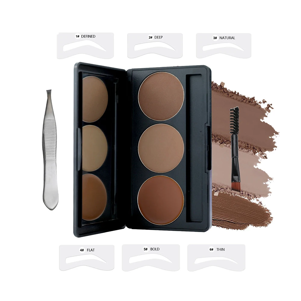 7.5g Private Label Eyebrow Powder Kit Custom Logo 3-color Pallet  Natural Brow Pencil Sticker Brush Set with Tweezer Makeup Bulk