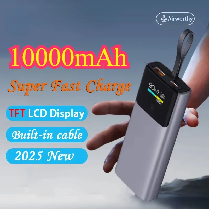 10000mAh PowerBank TFT LCD Digital Display Built-in Fast Charge Cable Large Capacity PowerBank For iphone Huawei Samsung