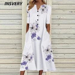 Vestido largo Vintage con estampado 3D para mujer, ropa informal de media manga con cuello en V y bolsillo para fiesta, primavera y verano, 2024