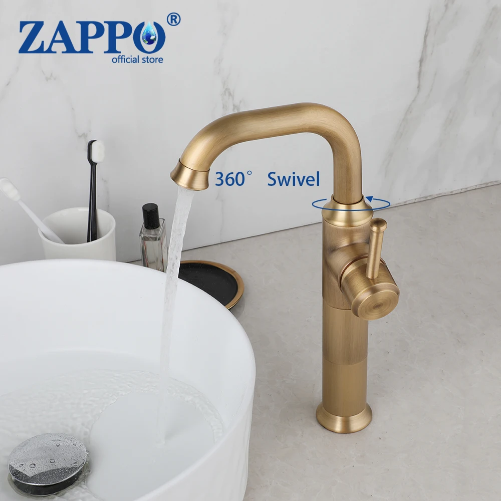 

ZAPPO Bathroom Basin Sink Faucet Brass 360 Swivel Spout Single Lever Faucets Hot and Cold Water Mixer Lavotory Deck Mounted Tap