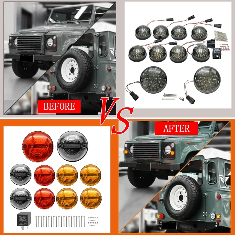

10pcs/set LED Car Indicator Light Upgrade Kit For Land Rover 90/110 1983-1990 Defender 1990-2016 Reversing Turn Signal Fog Lamp
