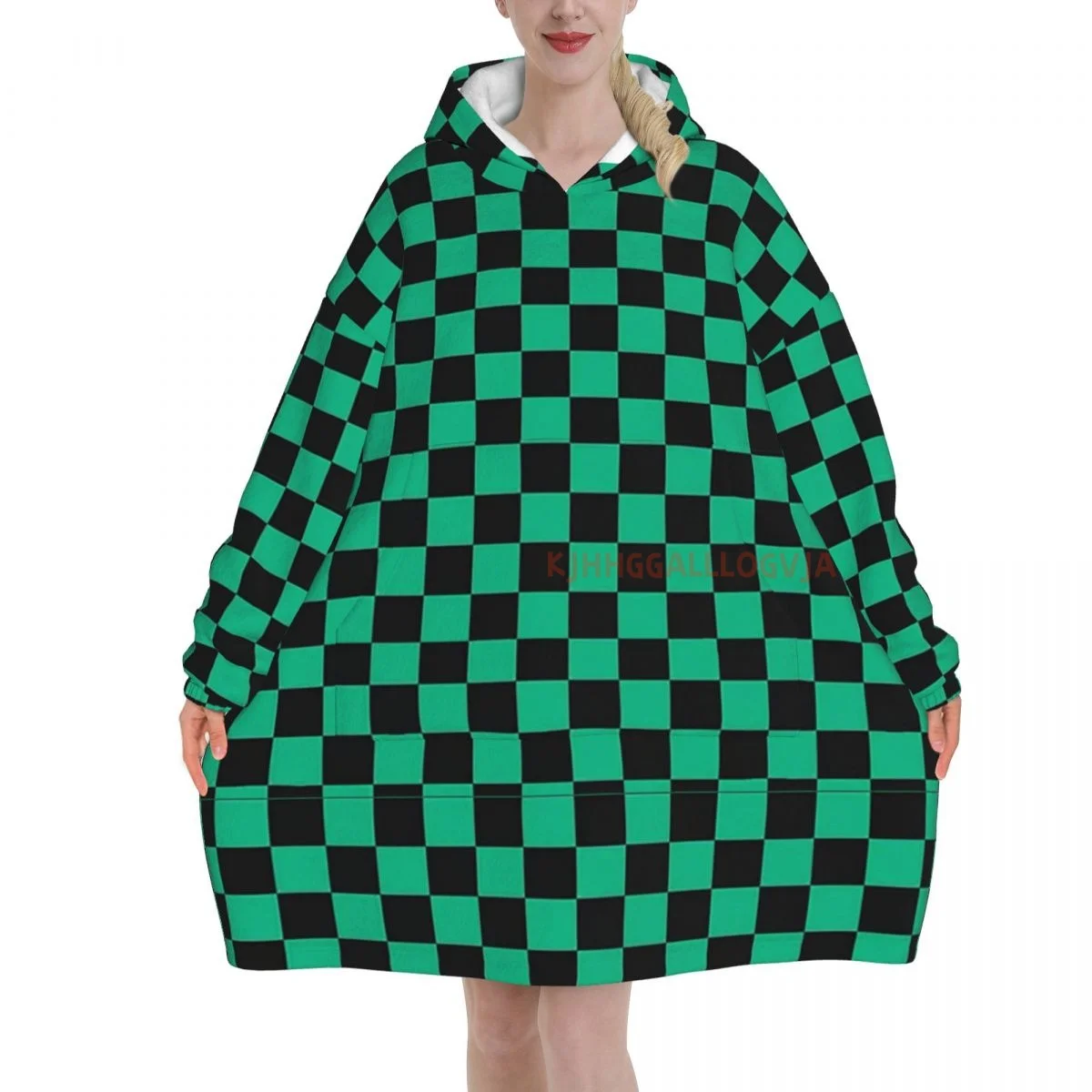 Black And Green Grid Wearable Flannel Blanket Hoodie Oversized Hooded Blanket Pullover Sweatshirt Fleece Sherpa Blankets