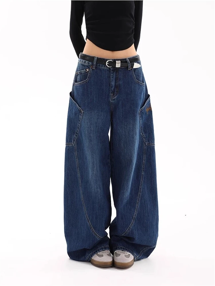 Women's Baggy Wide-leg Blue Jeans Cool Girl Vintage Style Pants Fashion Bottoms Female High Waist Straight Large Pocket Trousers