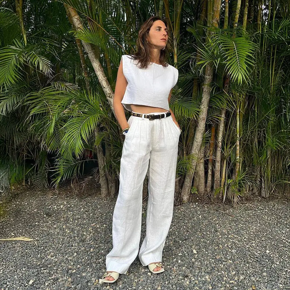 

Summer New Linen Vest Pants Set Wide Leg Casual Ensemble Women's Fashion Three Piece Suit No Brand Registered Trademark
