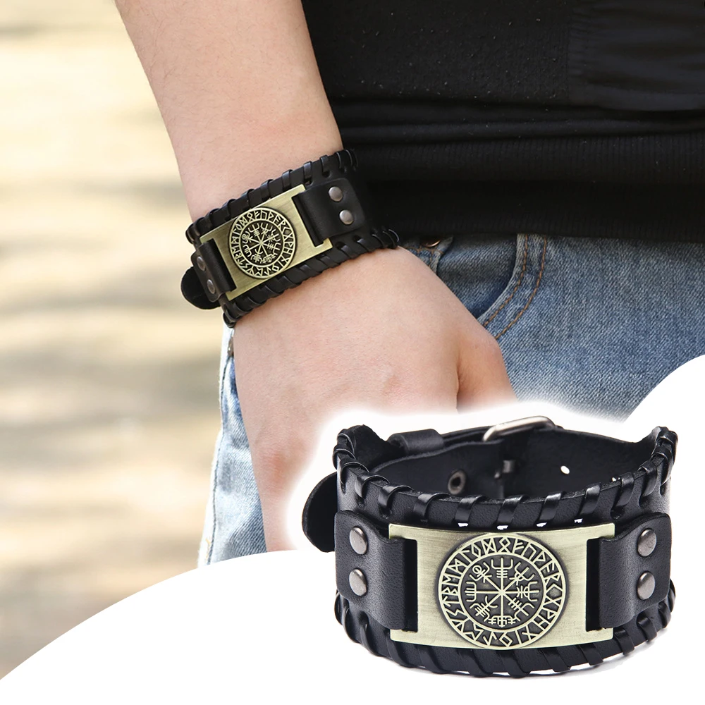 

Pirate Vintage Compass Men's Wide Bracelet Punk Leather Jewelry Rock Man Accessory