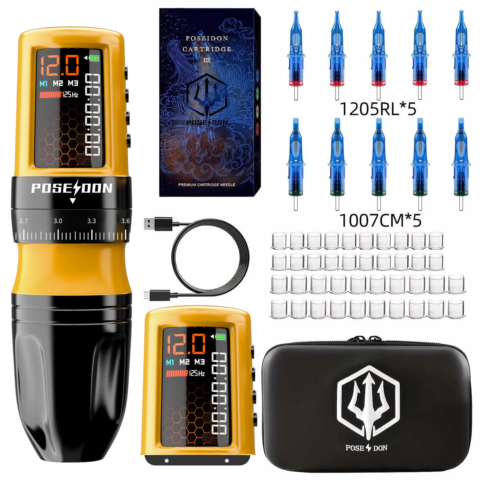 Kit de tatuaje POSEIDON 2, Kit de pluma de tatuaje con batería para maquillaje permanente, Kit de máquina de tatuaje, nuevo Kit de pistola de tatuaje inalámbrica amarillo