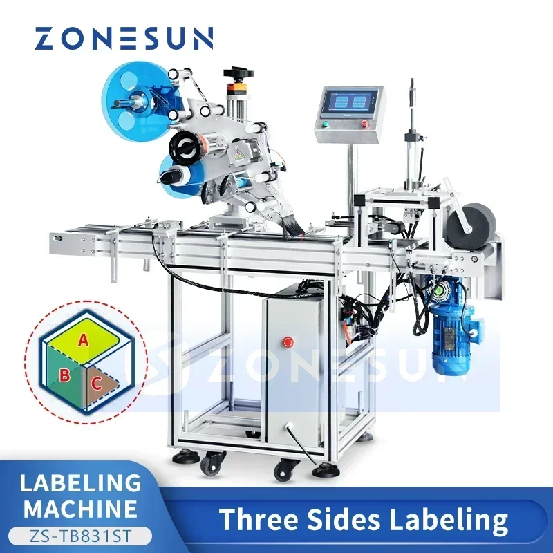 ZONESUN Automatic Three Side Labeling Machine Plastic Paper Box Label Sticker Label Applicator Flat Surface Labeler ZS-TB831ST