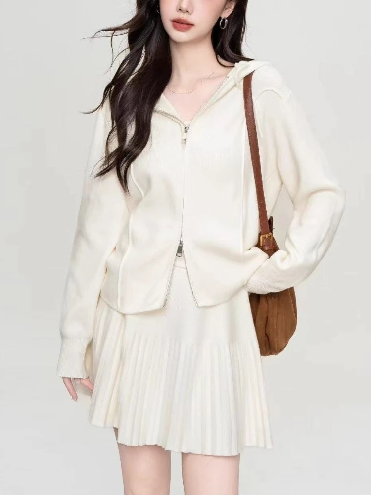 Set Rok Kardigan Berkerudung Ritsleting Kint Musim Gugur Musim Dingin Mantel Fashion Korea Elegan Set Dua Potong Pakaian Wanita Atasan Lengan Panjang