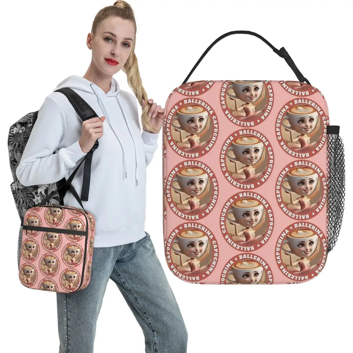 Italian Brainrot Capuccina Meme Lunch Bag Casual Lunch Box For Women Portable Insulated Cooler Bag Print Thermal Tote Handbags