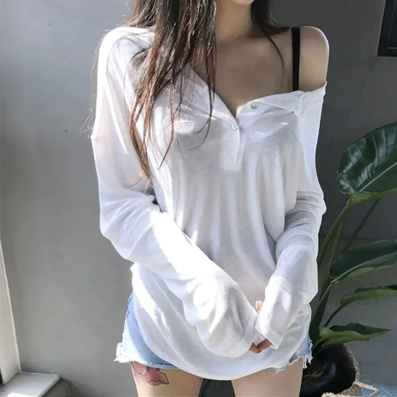 2025 Spring Summer Women White T-Shirt Sexy Off Shoulder Asymmetrical Tops Woman Long Sleeve Thin See Through Sunscreen Shirts