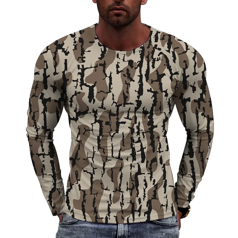 3D Printed Camouflage T Shirt For Men Hidden Tree Pattern Tees Spring Autumn Casual Loose T-Shirts Long Sleeves Round Neck Tops