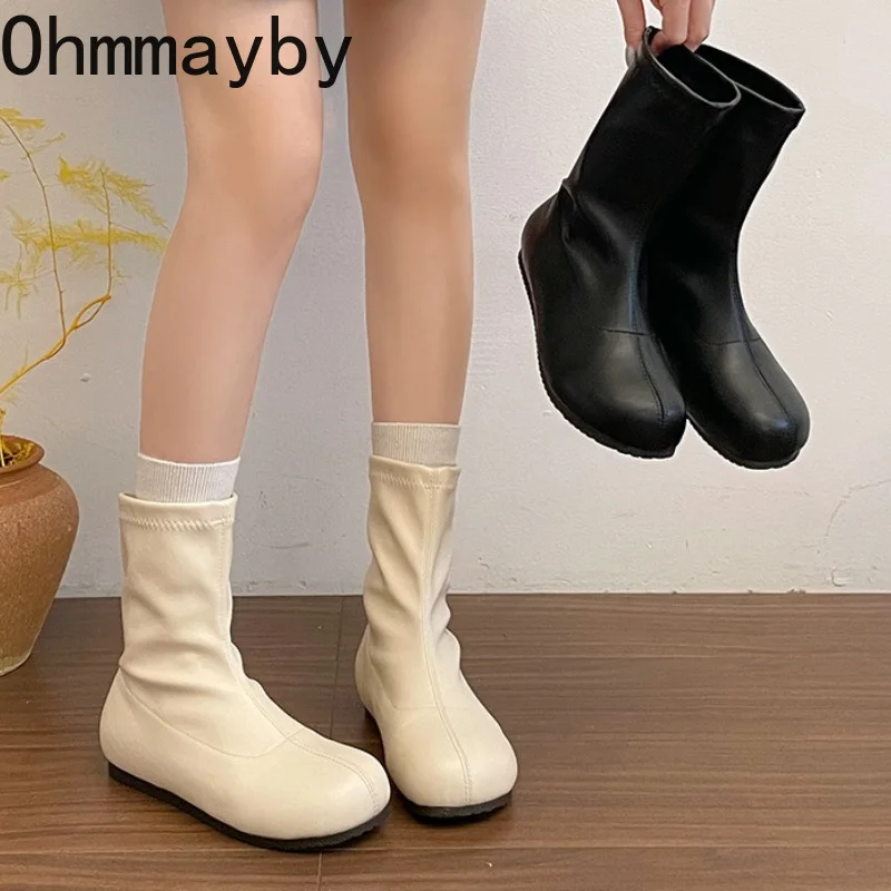 Vintage Soft Leather Stretch Ankle Boots Women Round Toe Hidden Elevator Insole Shoes Slip On Daily Casual Ladies Short Booties