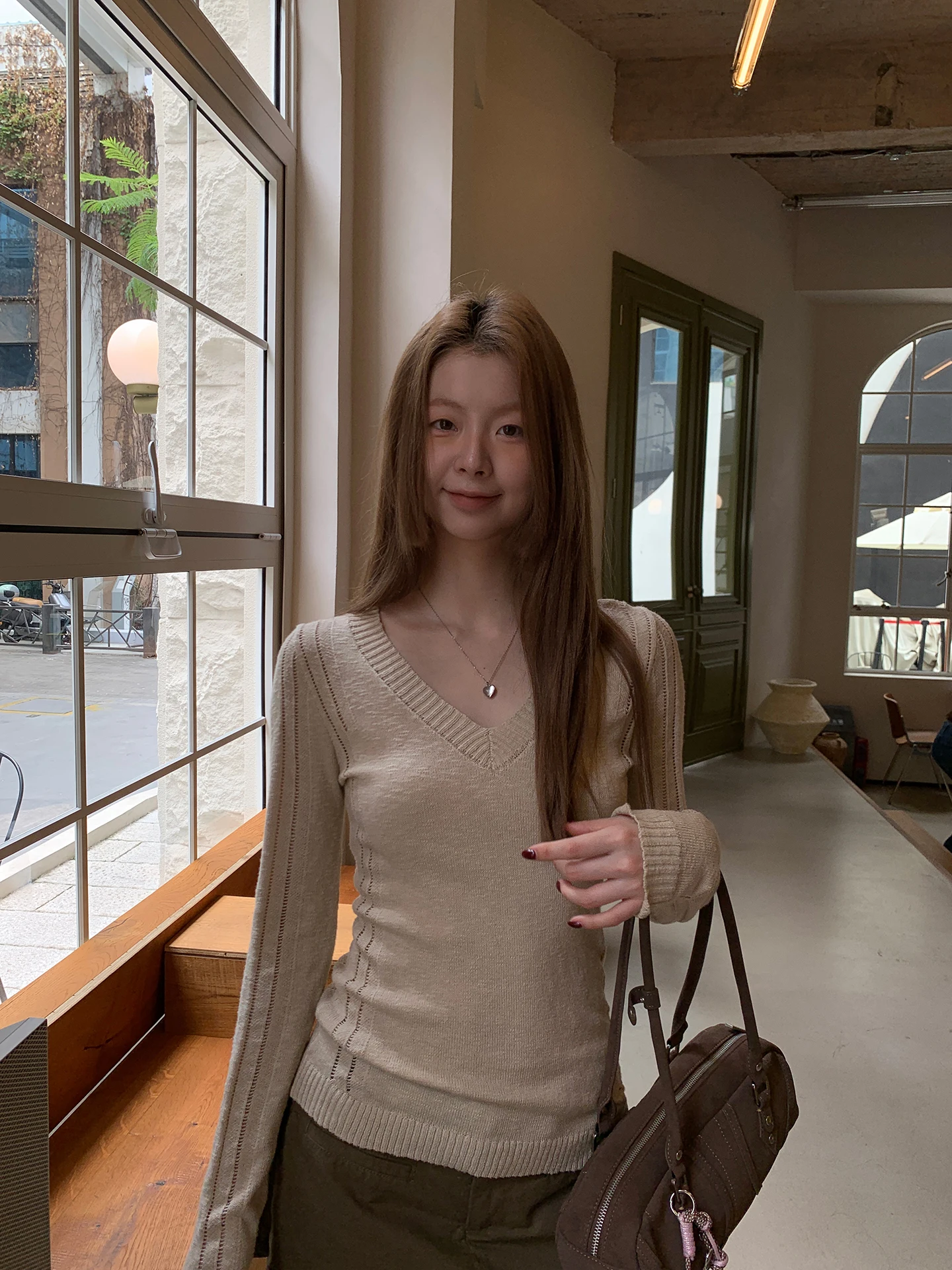 Slim Fit V-Ne Knitwear Women's Early Autumn Korean Sle Top Lazy Casual Long Sve Cotton Blend Comfortable Sweater