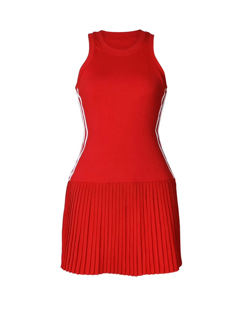 New Women Summer Sleeveless O Neck Stripe Casual Mini Tank Dress 2025 Bodycon Pleated Hem Black White Red Dress Ladies Clothing