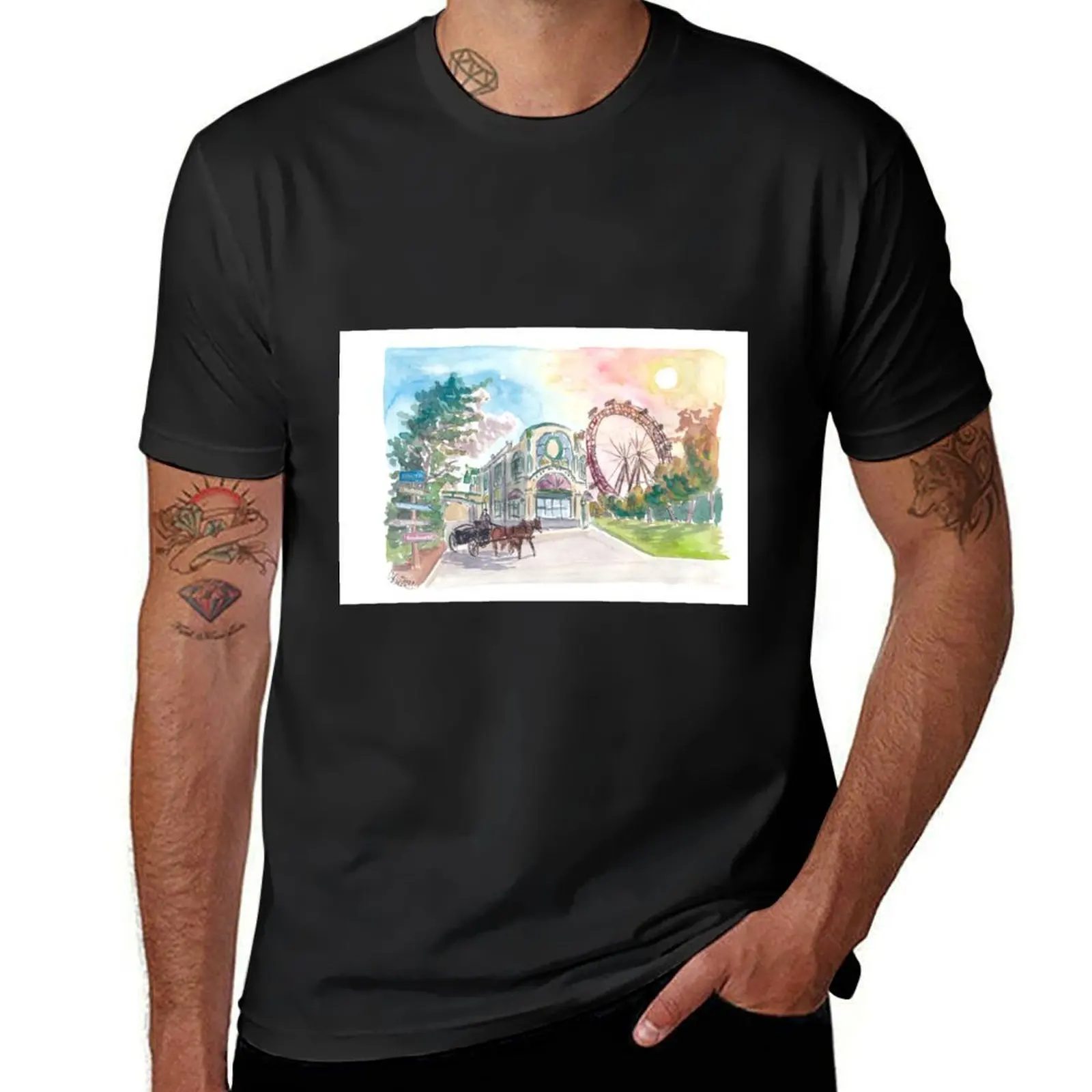 Vienna Austria Prater with Ferris Wheel and Signpost T-Shirt for a boy summer clothes quick-drying mens clothing