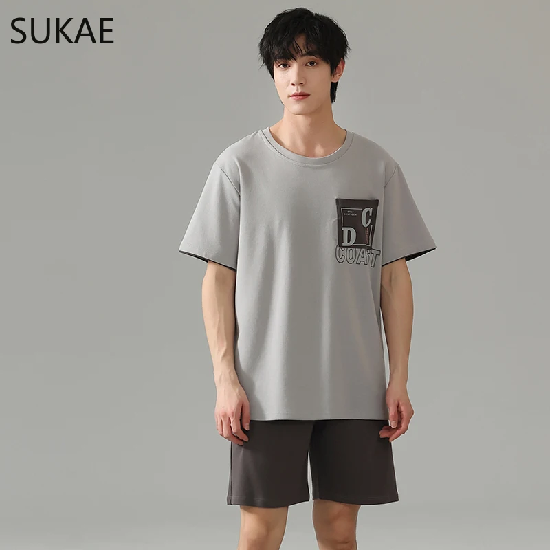 SUKAE Summer Men Sleepwear Cotton Pajamas Set Short Sleeves Shorts Nightwear for Boy L-3XL Young Man Pijamas Pullover Homesuits