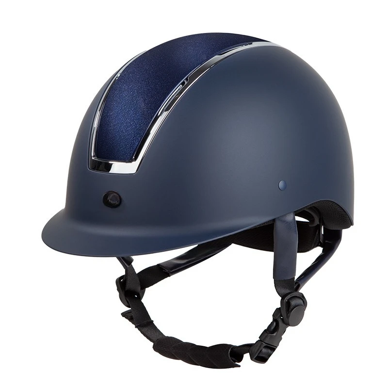

Blue elf equestrian helmet, riding, adjusting safety hat, harness
