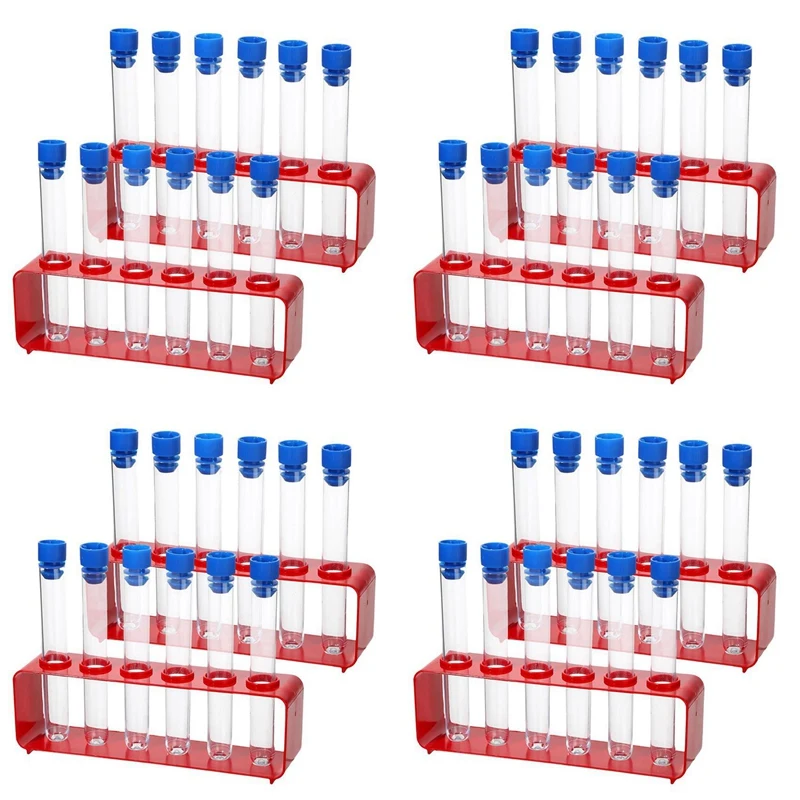 TOP 4 Sets 15 X 100Mm Test Tubes With Rack Clear Plastic Test Tubes With Caps And 6 Holes Holder Rack Nurse Party Decoration