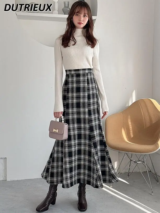 

Spring and Autumn New Japanese Style Sweet Versatile High Waist Skirt Side Zipper Contrast Color Plaid Long Fishtail Skirts