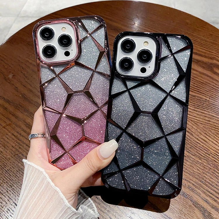 Custodia placcata Glitter pelle cubo diamante per IPhone 15 12 11 13 14 Pro Max Luxury Soft 14promax 13Pro 15promax paraurti Bling Cover