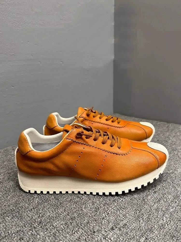 Breathable Spring Summer Mens Genuine Leather Sneakers Lace Up Round Toe Comfortable Jogger Casual Shoes Fashion Walking Shoes
