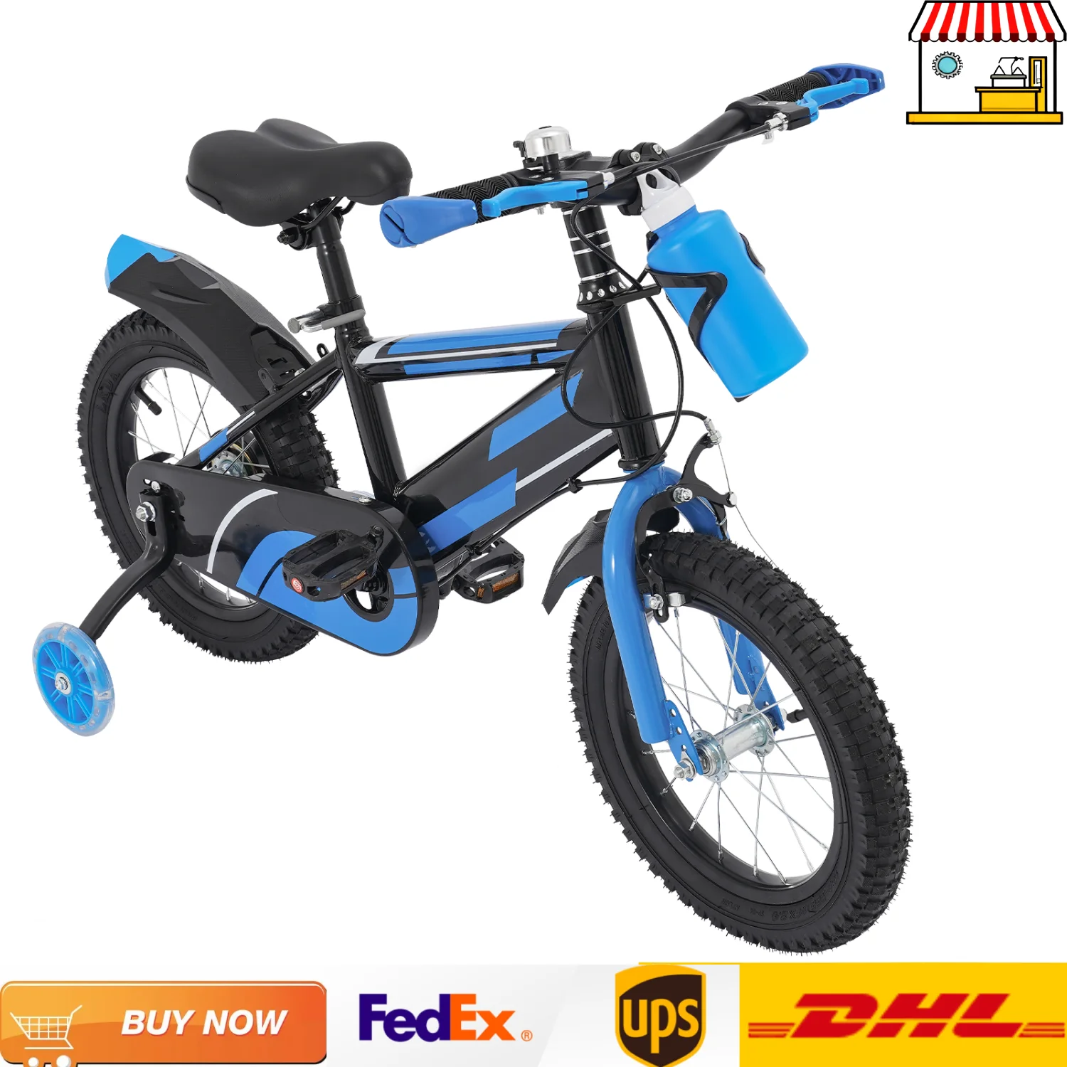 Vélo pour enfants de 14 pouces avec roues d'entraînement, porte-bouteille |   Vélo bleu pour enfants de 3 à 7 ans | Acier à haute teneur en carbone