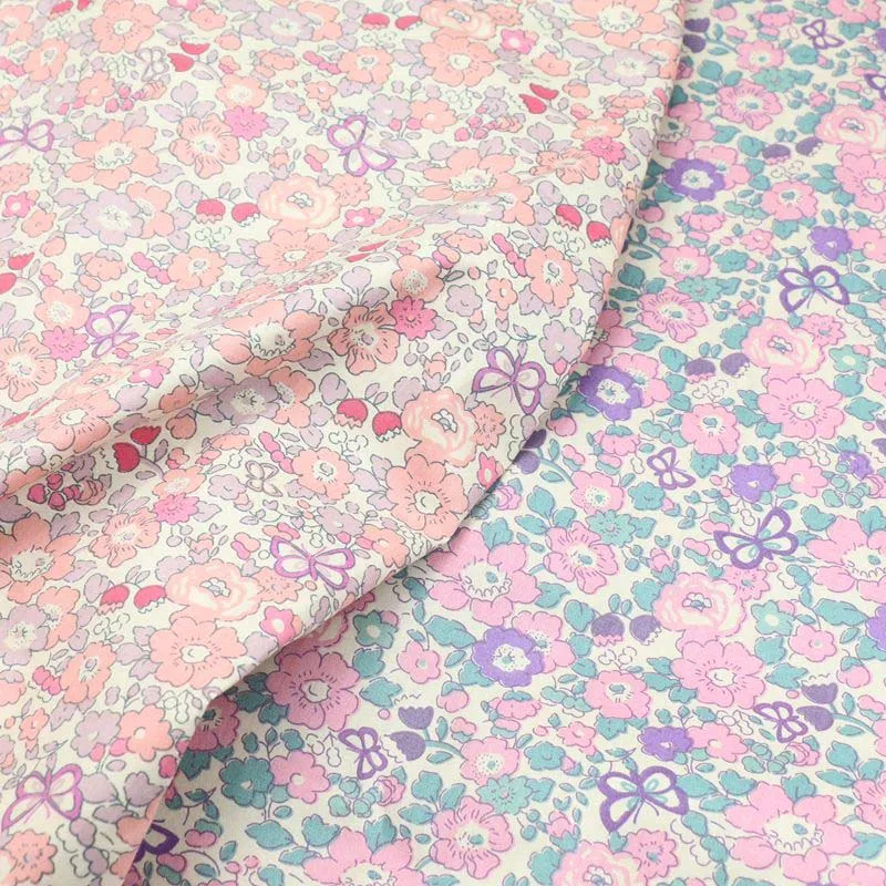 New 100% Cotton Width 235cm Pink Purple Small Flowers Butterfly Check Twill Fabrics for DIY Bedding Dress Pillow Craft Apparel