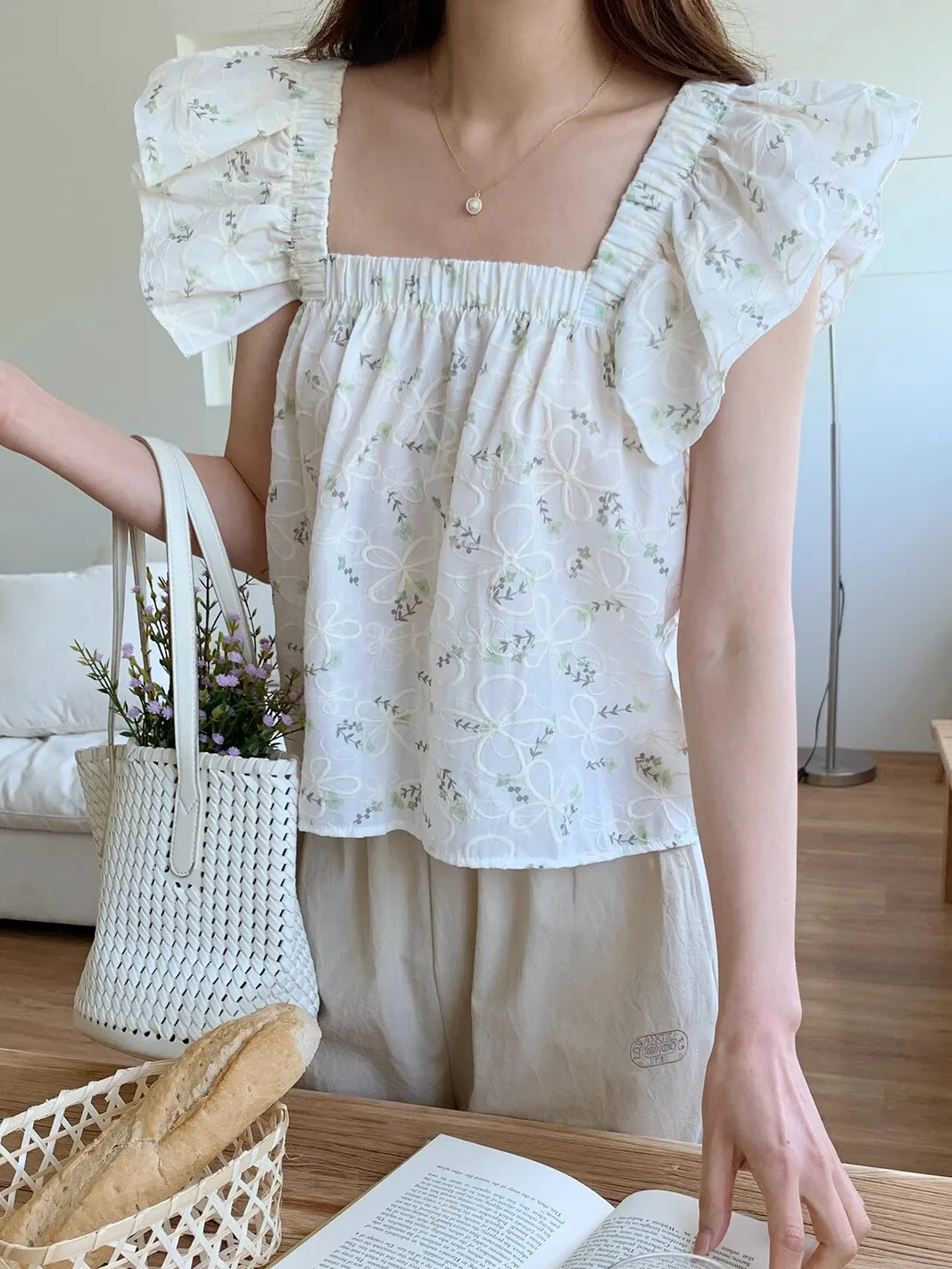 

Floral Lace Trim irt Women's Sweet Young Embroidery Fly Sve Strapl Vest Trendy Cotton Casual Busin Summer Top
