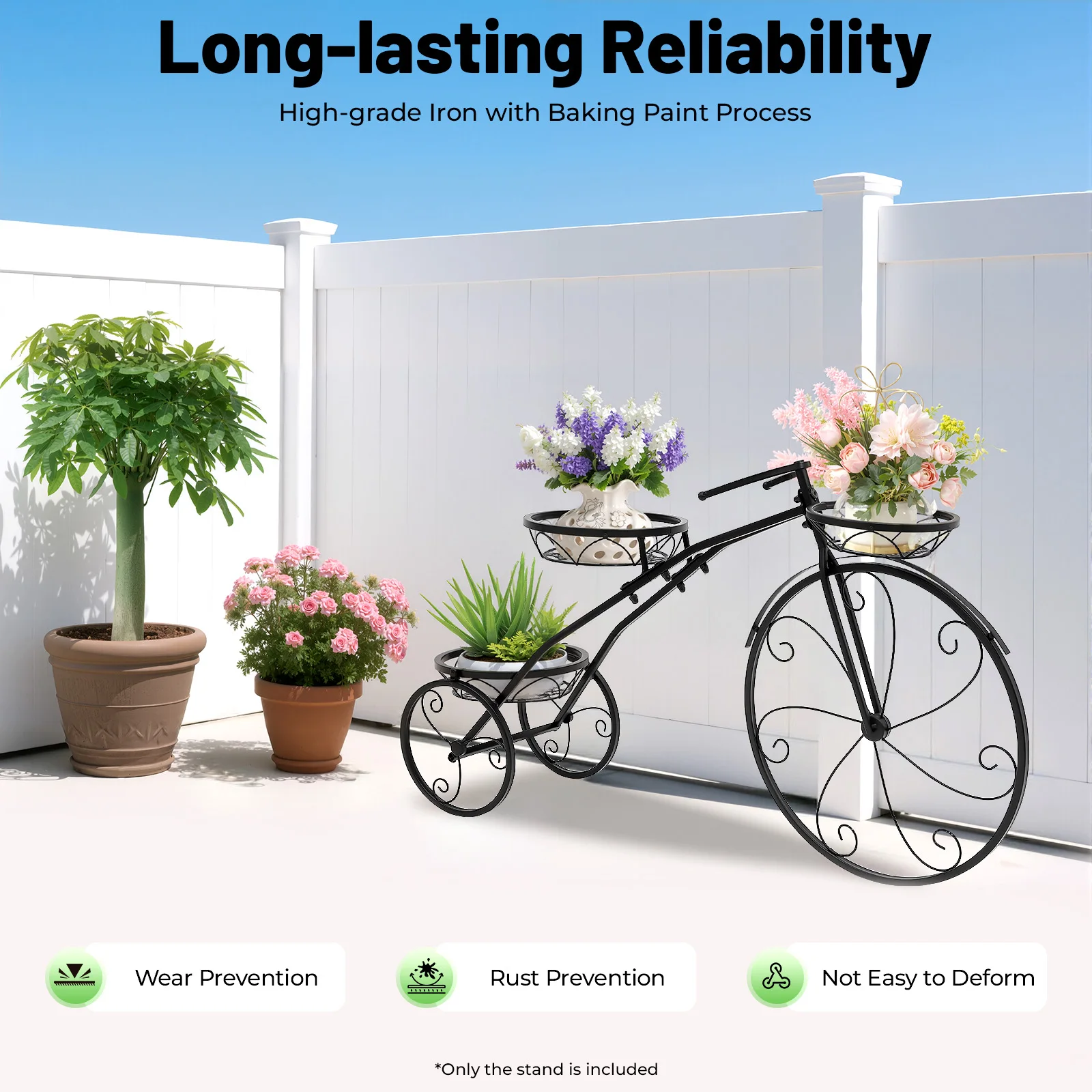 

Black Bicycle 3-Wheeled Plant Stand with 3 Baskets 22.05lbs Load-bearing 82*24*51cm Detachable for Home Garden Balcony